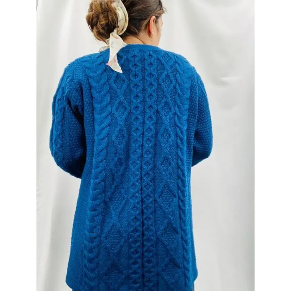 Arancrafts L blue 100% wool cable‎ knit single button long cardigan sweater